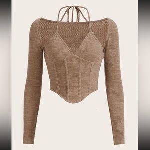 Tan long sleeve Cutout Shoulder Tie Back Asymmetrical Hem